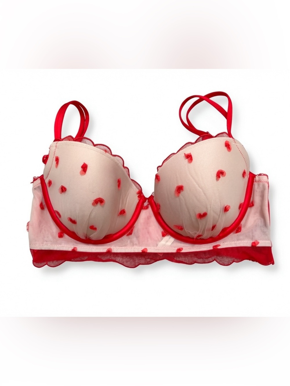 NWOT Victoria's Secret Nude Mesh Balconette Bra with Red Heart Appliqué